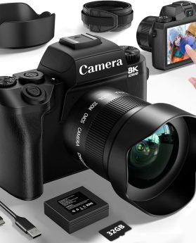 Digital Camera for Photography, 8K 64MP WiFi Dual-Lens Vlogging Camera for YouTube with 16X Digital Zoom, Flash,Touch Screen,32GB TF Card,Lens Hood,HDMI Output & 3000mAH Battery(Black)
