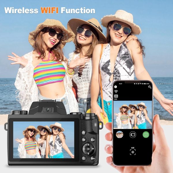 Digital Camera for Photography, 8K 64MP WiFi Dual-Lens Vlogging Camera for YouTube with 16X Digital Zoom, Flash,Touch Screen,32GB TF Card,Lens Hood,HDMI Output & 3000mAH Battery(Black) - Image 2