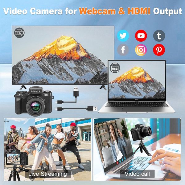 Digital Camera for Photography, 8K 64MP WiFi Dual-Lens Vlogging Camera for YouTube with 16X Digital Zoom, Flash,Touch Screen,32GB TF Card,Lens Hood,HDMI Output & 3000mAH Battery(Black) - Image 3