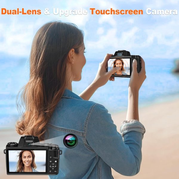 Digital Camera for Photography, 8K 64MP WiFi Dual-Lens Vlogging Camera for YouTube with 16X Digital Zoom, Flash,Touch Screen,32GB TF Card,Lens Hood,HDMI Output & 3000mAH Battery(Black) - Image 4