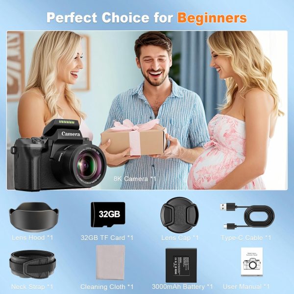 Digital Camera for Photography, 8K 64MP WiFi Dual-Lens Vlogging Camera for YouTube with 16X Digital Zoom, Flash,Touch Screen,32GB TF Card,Lens Hood,HDMI Output & 3000mAH Battery(Black) - Image 9