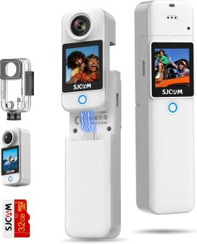 SJCAM C300 POV Pocket Camera 4K,7H Power, 6-Axis Stabilization Action Camera,Dual-Touch Screen Body Camera,30M Waterproof Body Cam for Vlogging and Live Streaming,with Helmet Mount Kits,White,Gifts