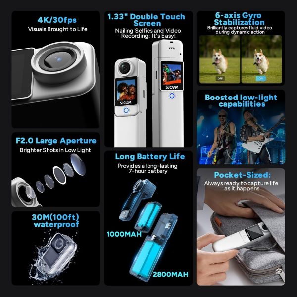 SJCAM C300 POV Pocket Camera 4K,7H Power, 6-Axis Stabilization Action Camera,Dual-Touch Screen Body Camera,30M Waterproof Body Cam for Vlogging and Live Streaming,with Helmet Mount Kits,White,Gifts - Image 3
