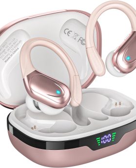 Wireless Earbuds, Sports Bluetooth Headphones, 80Hrs Playtime Ear Buds with LED Power Display, Noise Canceling Headset, IPX7 Waterproof Earphones for Workout/Running Rose Gold